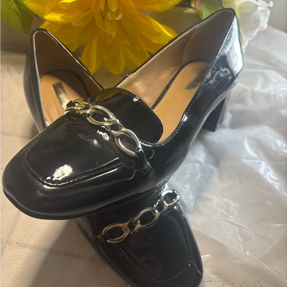 Tahari Glossy Black Loafers with Silver Chain